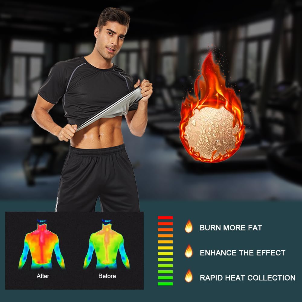 NINGMI Sweat Suit for Men Sauna Shirt Fitness Sweat Workout Top Short Sleeves Waist Trainer Gym Slimming Body Shaper