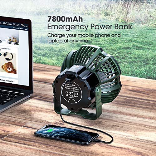 Camping Fan with LED Lantern, 7800mAh Rechargeable Portable Tent Fan with Remote Control, Power Bank, 180°Head Rotation, Perfect Quiet Battery Operated USB Fan for Picnic, Barbecue, Fishing (Green)