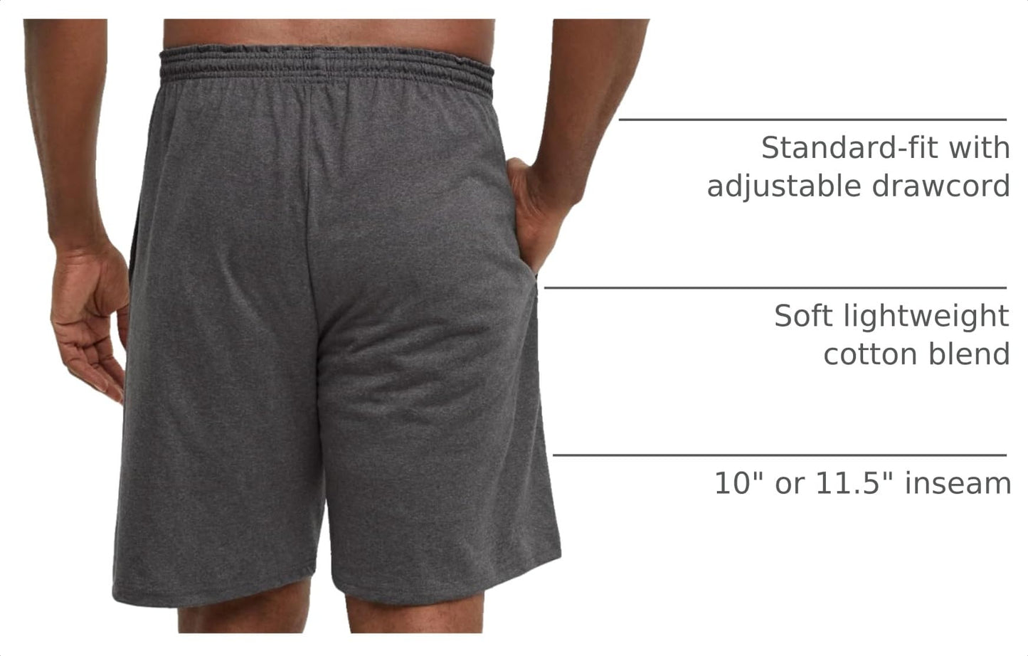 Champion Men's Lounge Shorts, Standard Fit, 9 Inch Inseam, Lightweight 100% Cotton, Available in Regular and Big & Tall, Granite Gray Heather, Large