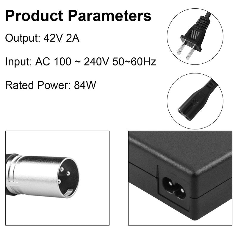 Futurebatt Electric Bike Battery Charger Output 42v 2a with 3-Pin XLR Connector Male for 36V Ebike Battery Adapter Power Cord