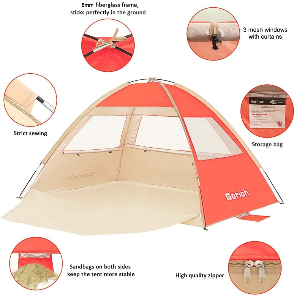 Gorich Beach Tent Sun Shelter for 3/4-5/6-7/8-10 Person with UPF 50＋ UV Protection, Lightweight & Easy Setup Beach Shade Canopy, Portable Beach Shade Tent Beach Cabana