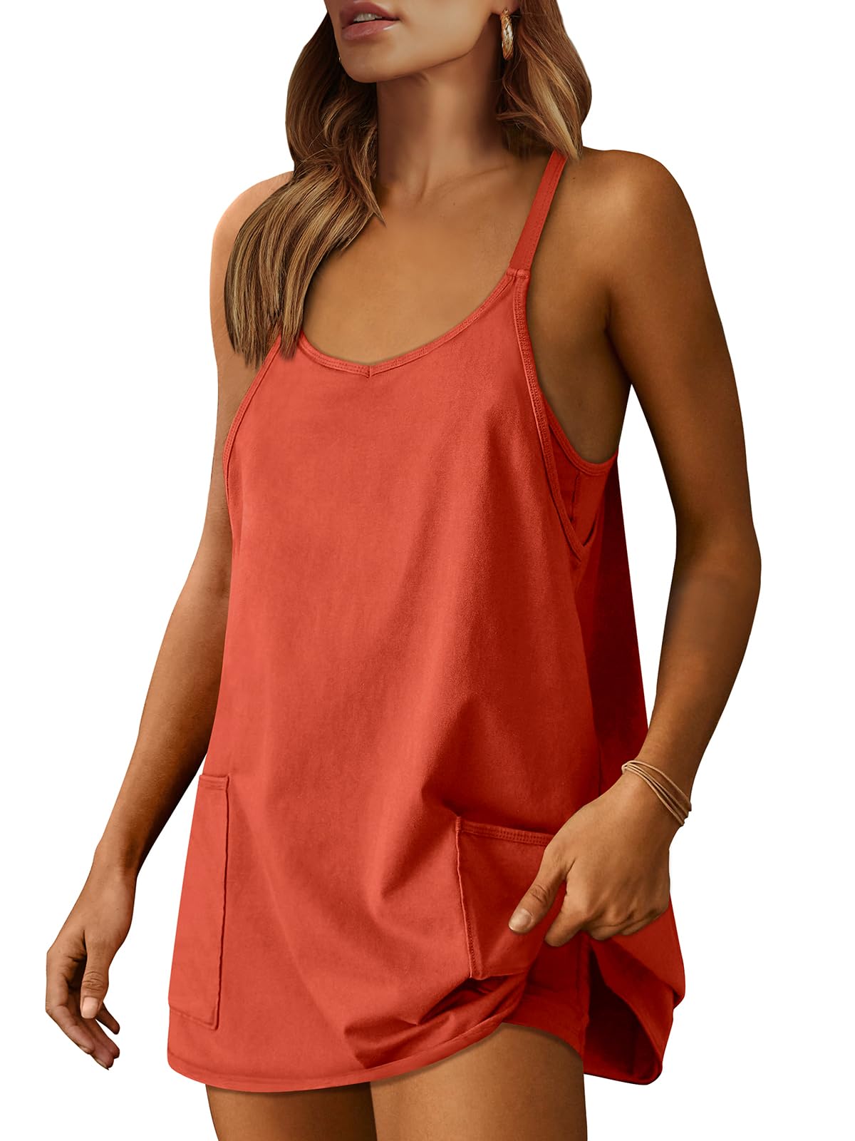 ANRABESS Women Athletic Dress Summer Tennis Workout Active Sports Mini Romper Dress Built in Shorts Travel Vacation Clothes Red X-Large