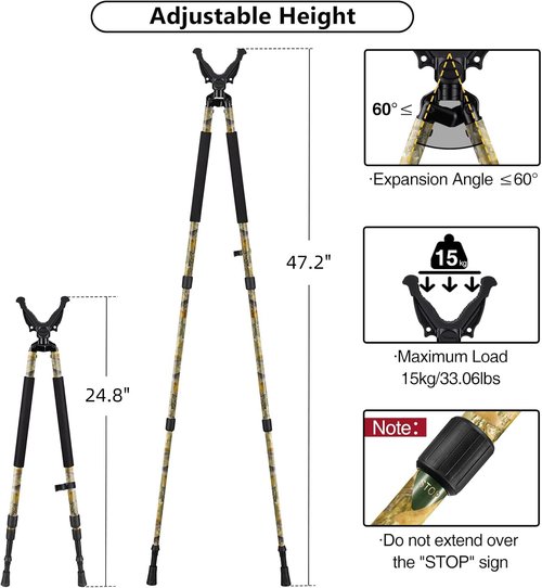 Trakiom Hunting Bipod, Shooting Tripod, Adjustable Shooting Bipod with 360° V Yoke Rest, Twist Lock, Lightweight Aluminum Frame, High Density Foam Handle and Spike Feet (Camo, 24.8"-47.2")