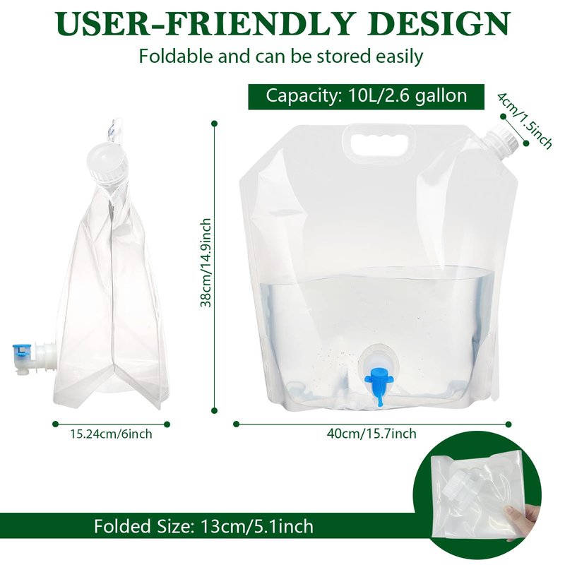 Cooltto 2 Pack 2.6 Gallon Premium Collapsible Water Container Bag, BPA Free Food Grade Clear Plastic Storage Jug, No-Leak Freezable Fold-able Water Bottle for Camping, Hiking, Backpacking, Emergency