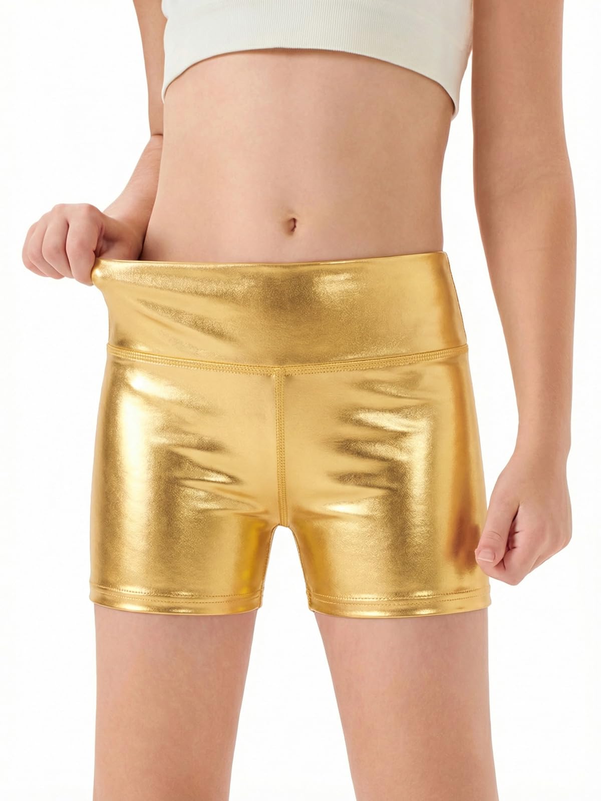 Haloumoning Girls Metallic Athletic Shorts Kids High Waisted Yoga Dance Biker Shorts Comfy Gymnastics Shorts 5-14Y