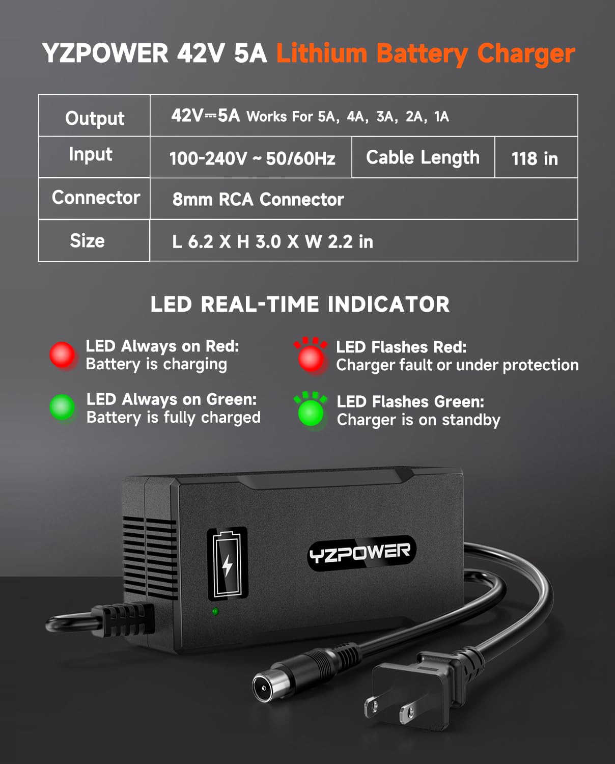 42V 5A Scooter Charger for Segway Ninebot, Compatible with MAX G2 G30LP E2 Pro F65 F40 F30 D28 D40 ES2 ES4 E22 E45, Replacement Power Adapter for 36V Lithium Battery, RCA Round Charging Port