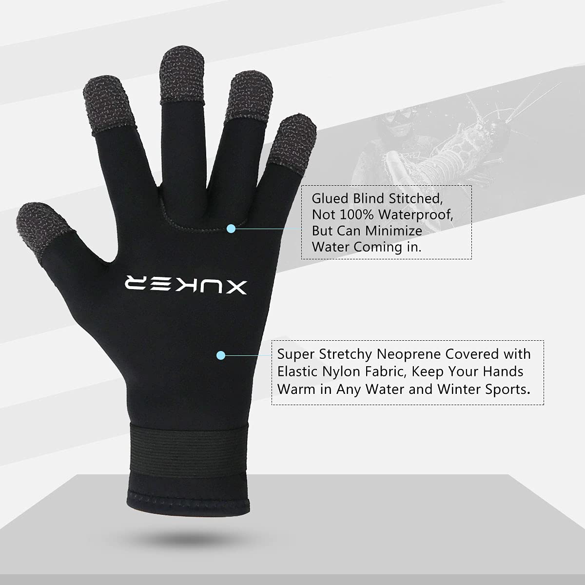 XUKER Water Gloves, 3mm & 5mm Neoprene Five Finger Warm Wetsuit Winter Gloves for Scuba Diving