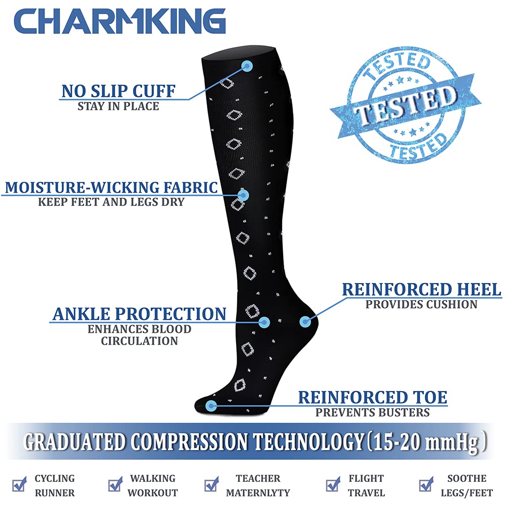 CHARMKING Compression Socks for Women & Men (8 Pairs) 15-20 mmHg Graduated Copper Support Calf Socks are Best for Pregnant, Nurses - Boost Performance, Circulation, Knee High Wide Calf(L/XL, Multi 17)