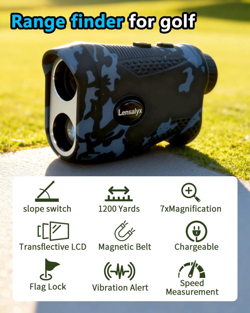 Lensalyx Golf Rangefinder with Slope Switch, 1200 Yards Range Finder Golfing with Flag Lock, 7X Magnification,Flag Pole Locking with Pulse Vibration, Rechargeable,Golf Accessories for Men