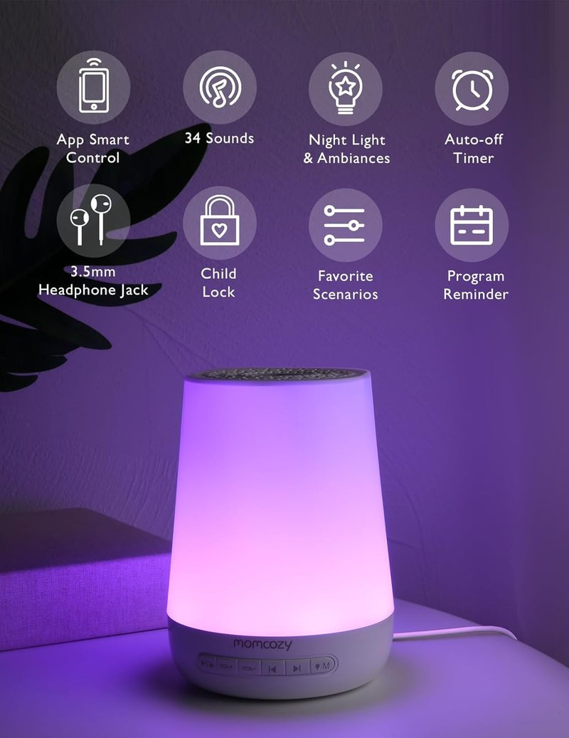 Baby Sound Machine - Momcozy White Noise Machine for Soothing Sleep | 34 Sounds, Night Light, App Control (Blue)