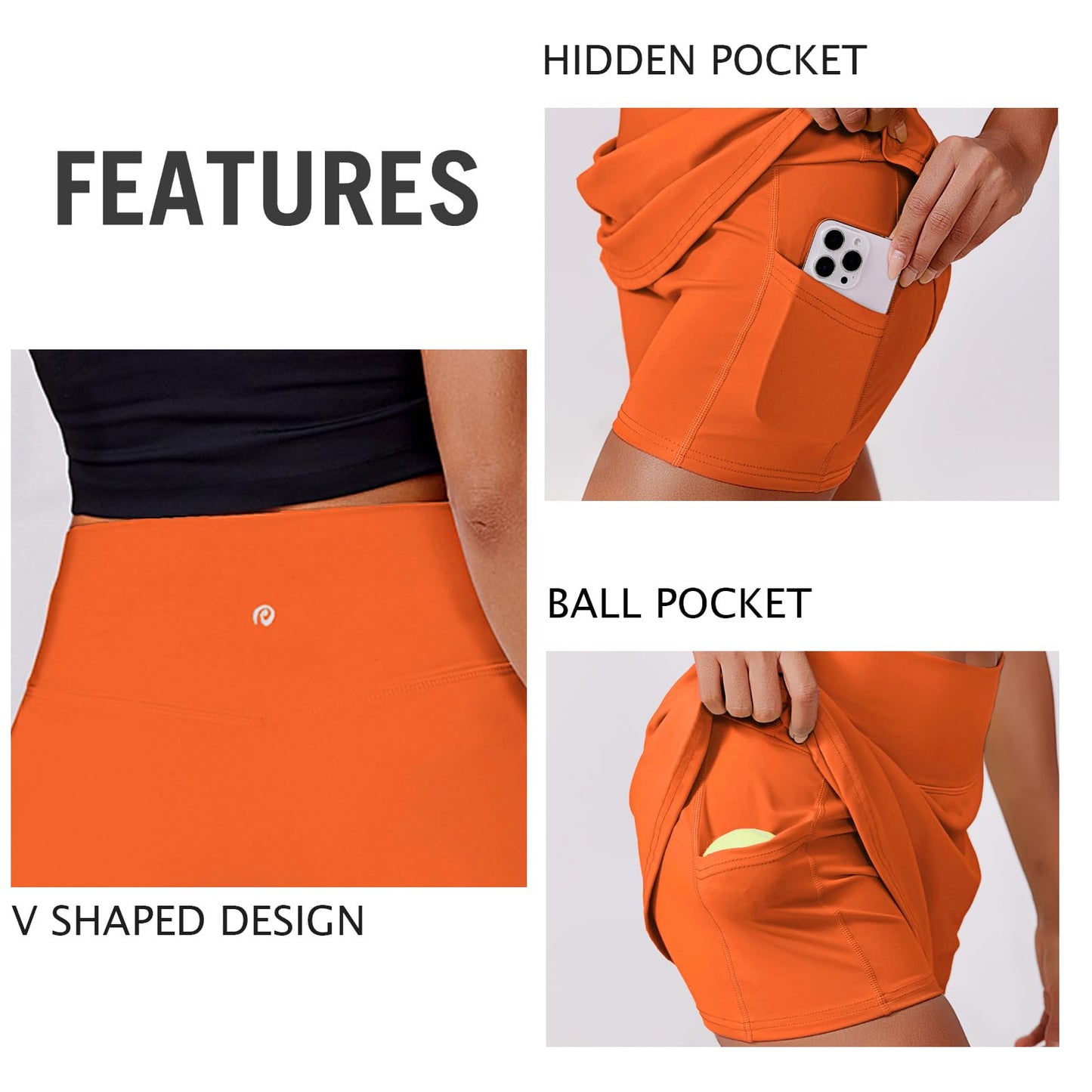 PINSPARK Tennis Skirts for Women High Waisted Athletic Skirt Quick Dry Golf Skort Lightweight Workout Skorts with Pockets Shorts, Orange Small