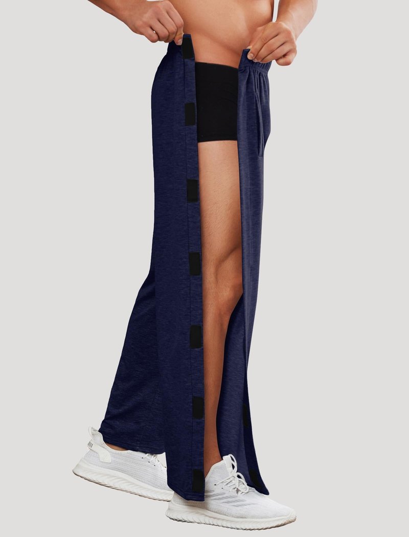 Deyeek Men's Tear Away Pants 2 Side Snap Open Bottom Sweatpants Loose Fit Casual Post Surgery Pants with Pockets Dark Blue