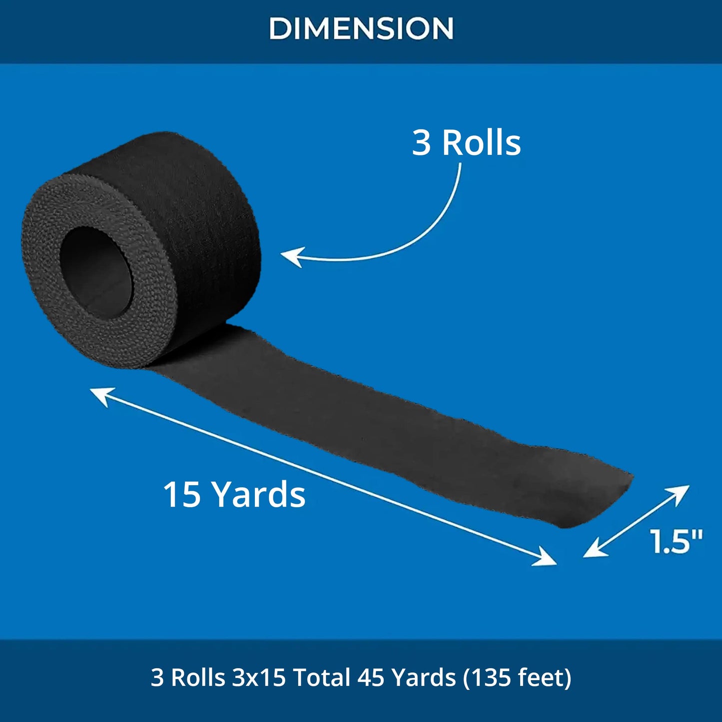 Athletic Tape – 3 Adhesive Rolls-1.5" x 15 Yards per roll -No-Sticky Residue – Black Medical Tape - Sport Tape -Skin Friendly, Use for Athletes,Coaches, Amateurs