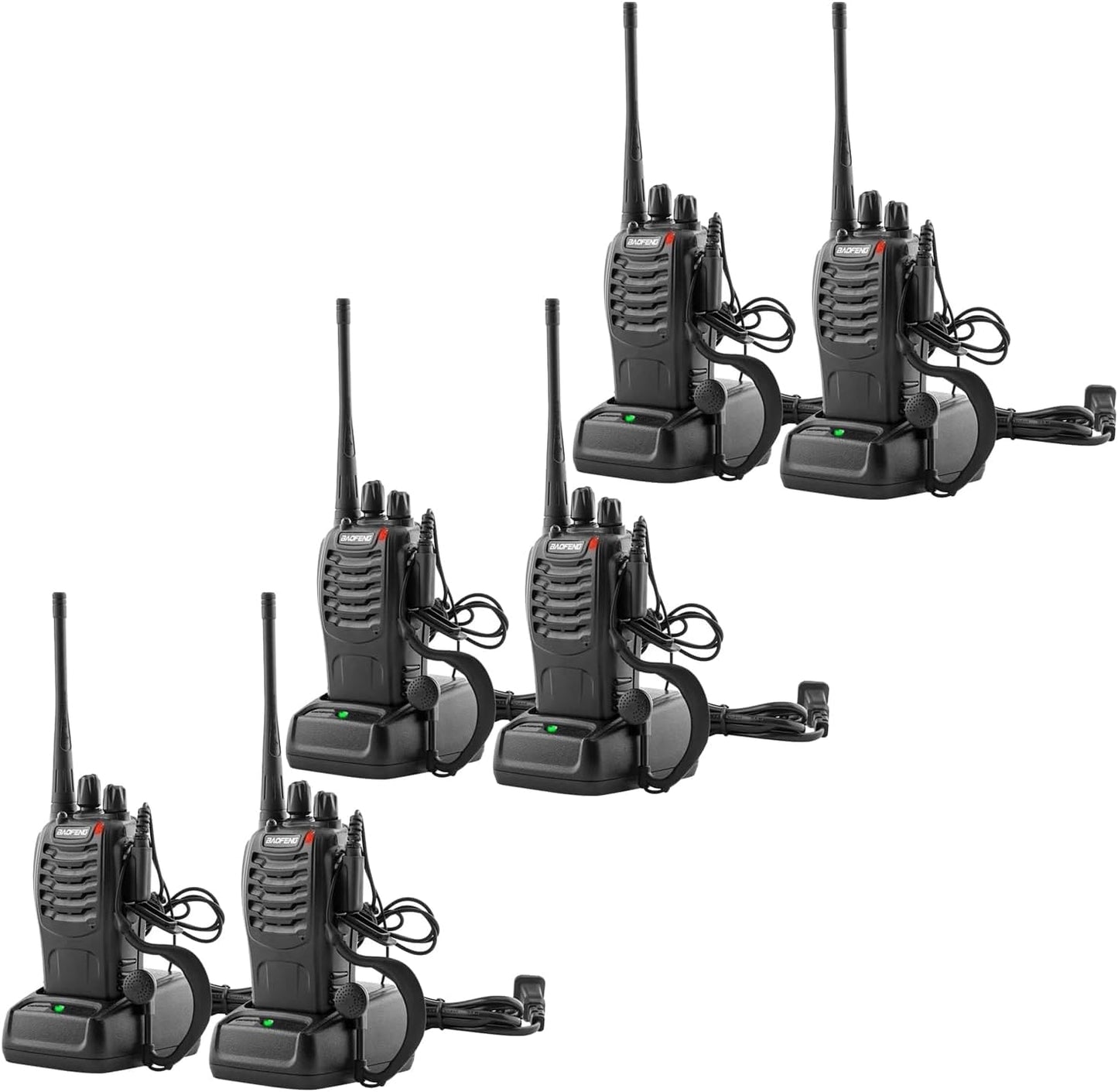 BAOFENG Walkie Talkies - Long Range 16 Channel Two Way Radios with Earpieces | Rechargeable Handheld 6 Pack