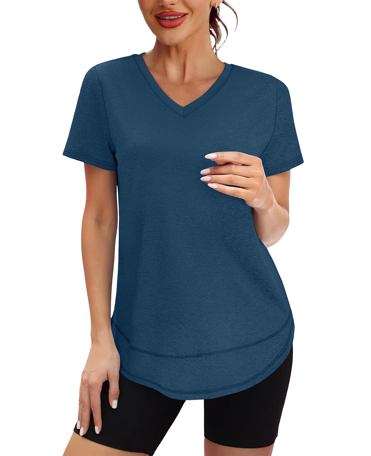 Short Sleeve Shirts for Women Workout Pilates Outfits Tennis Summer Tops 2026 Beach Vacation Clothes V Neck Navy Blue M