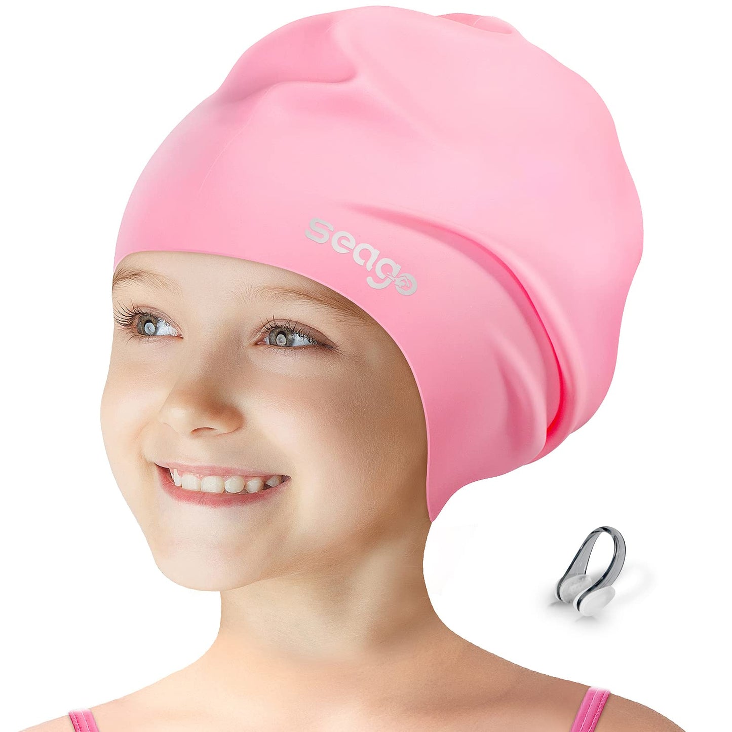 Seago Swim Cap for Kids 6-14 Large Swim Cap for Braids and Dreadlocks Long Hair Swimming Caps for Girls Boys Youth with Nose Clip Waterproof Pool Silicone Bathing Swimming Cap That Keep Hair Dry