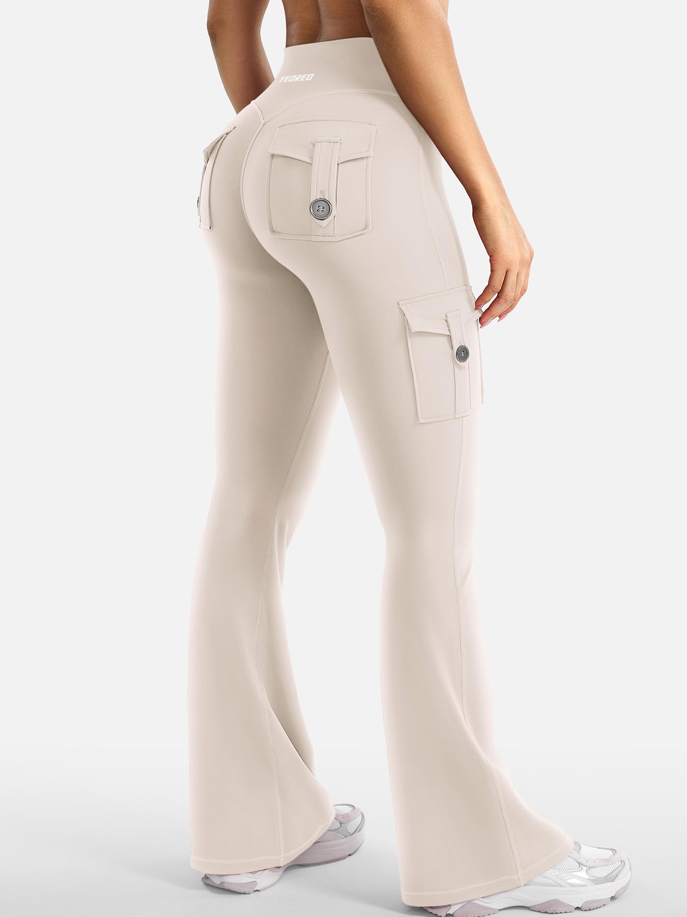 YEOREO CoreFlex Women Workout Flare Leggings with Pockets Hidden Scrunch High Waisted Cargo Gym Yoga Leggings Light Khaki M