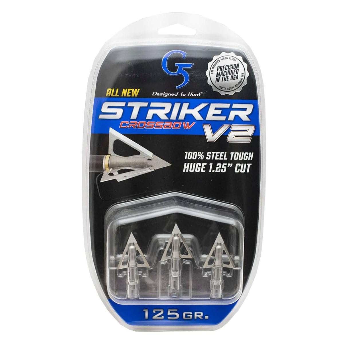 G5 Striker V2 Fixed 3-Blade Broadhead - Archery Hunting Steel Ferrule 125 Grain 1.25" Cutting Diameter Broadhead - Crossbow Version