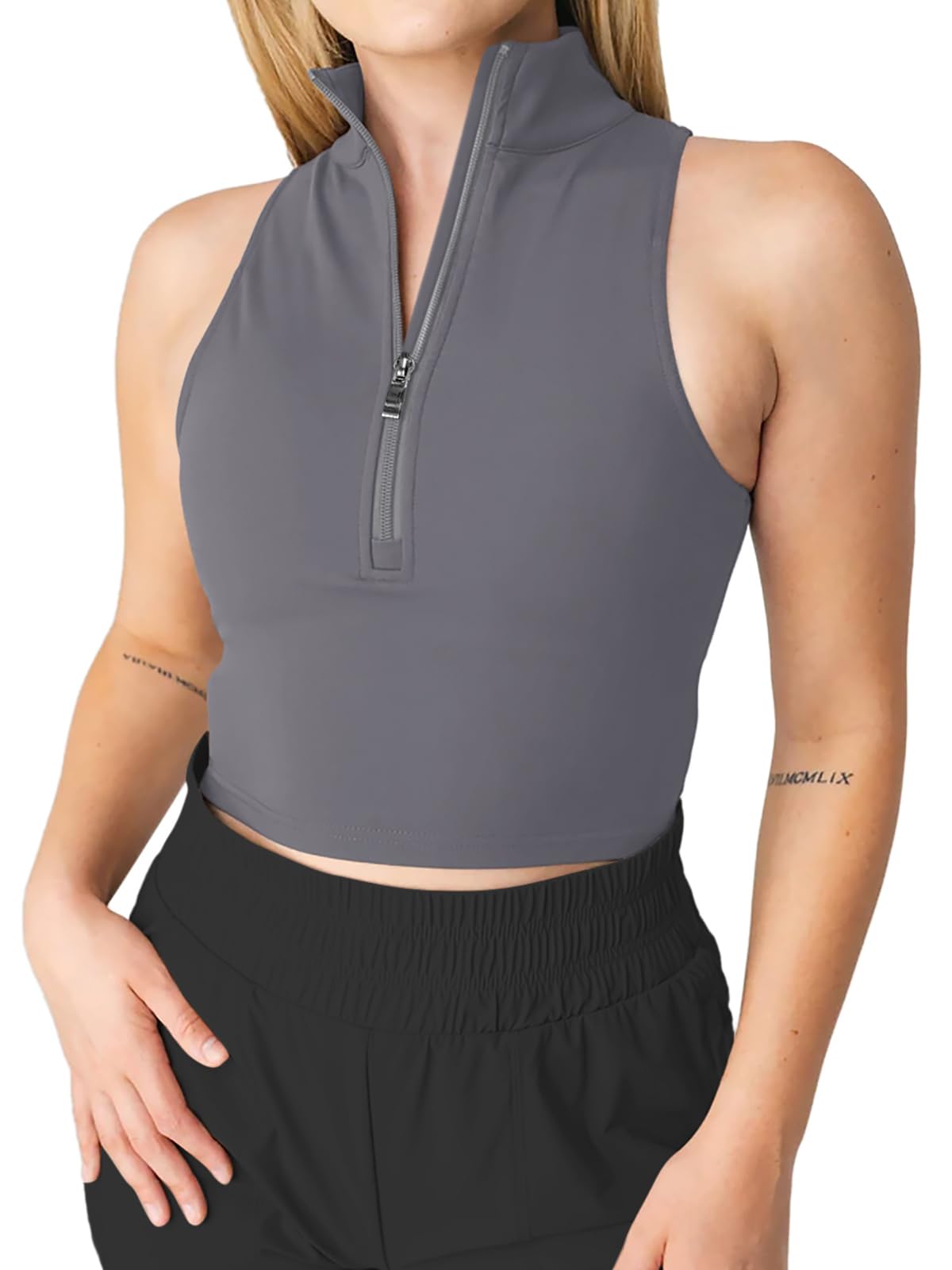 LASLULU Womens Crop Padded Tank Tops Zip Up Sweatshirts Sport Bra Summer Sleeveless Tops Running Fitness Shirts Racerback Yoga Gym Workout Tank Top with Built in Bra(Grey Medium)