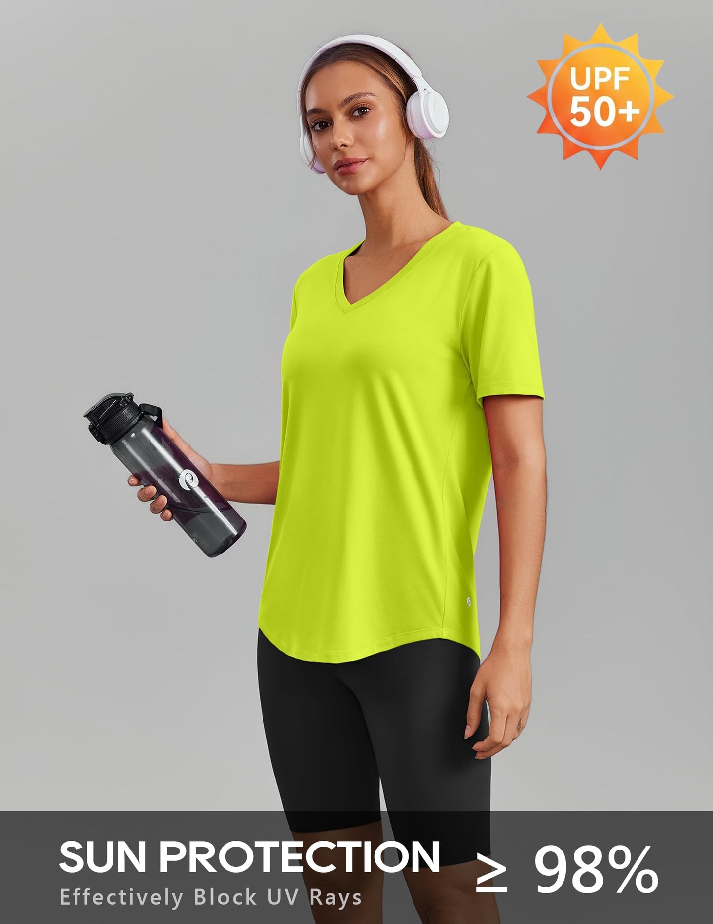 PINSPARK Tennis Shirts for Women Short Sleeve V Neck Moisture Wicking Workout Tops Quick Dry Athletic Gym Golf T-Shirts,Neon Green X-Large
