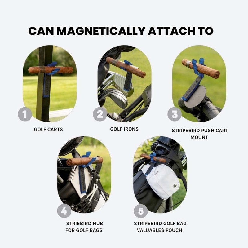 Stripebird Magnetic Golf Cigar Holder - Durable Aluminum Alloy with Neodymium Magnets - Magnetically Attached to Golf Cart, Irons, Push Cart & Hub Mount - Easy Clamp Design & Cigar Clip - Blue