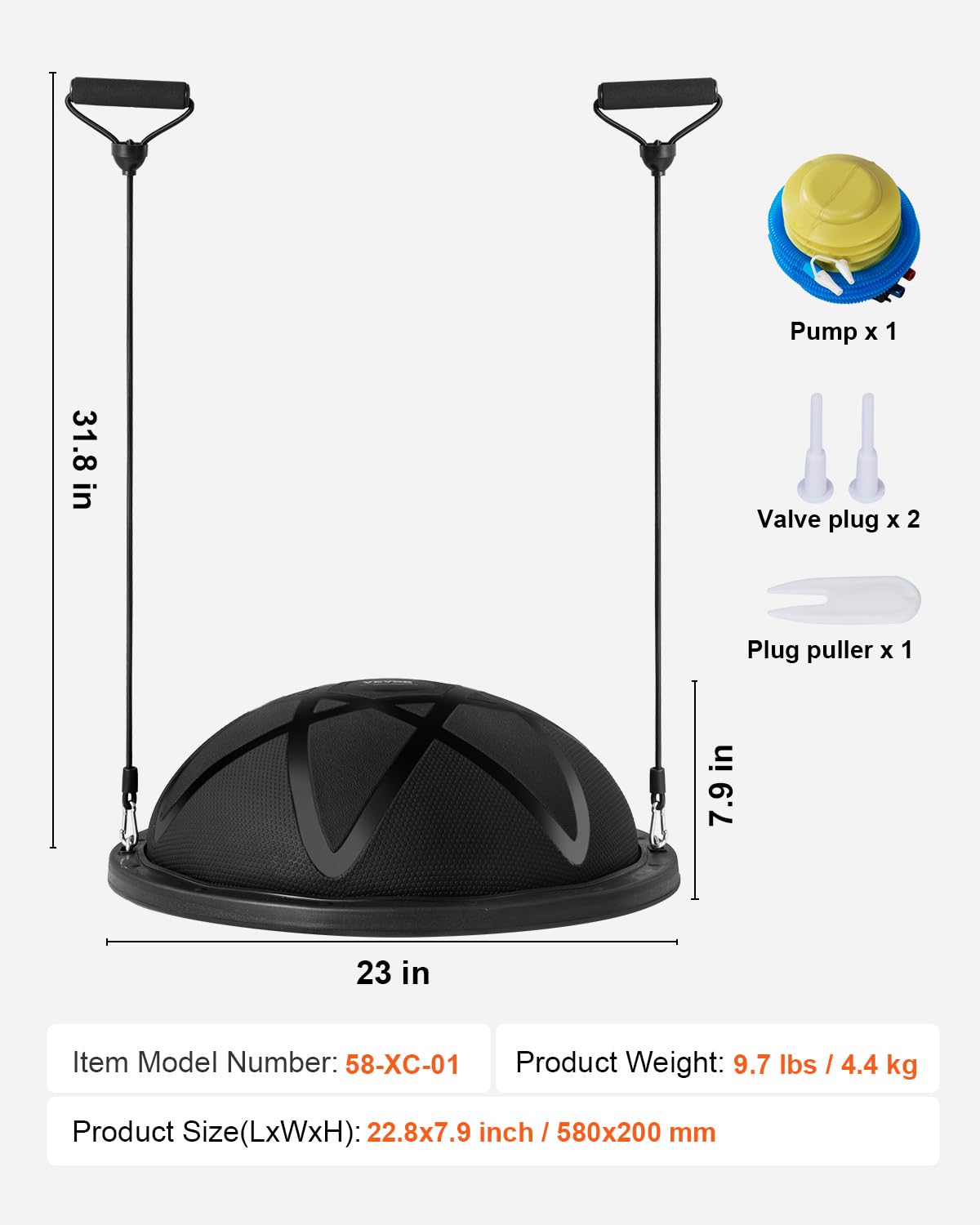 VEVOR 23-inch Half Exercise Ball Trainer, 660 lbs Capacity Balance Ball, Includes Resistance Bands and Pump, Ideal for Full Body Workouts, Yoga, and Strength Training at Home Gym, Black