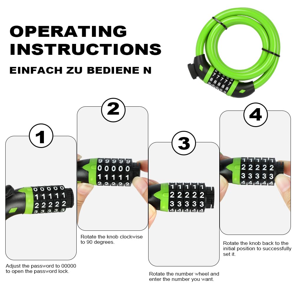 Ainiv Bike Lock, 4 FT/120cm Bike Lock Cable with Mounting Bracket, Portable Anti Theft 5 Digits Codes Cable Locks, Resettable Combinations Bicycle Lock for Bike, Motorbike, Scooter, Gate(Green)