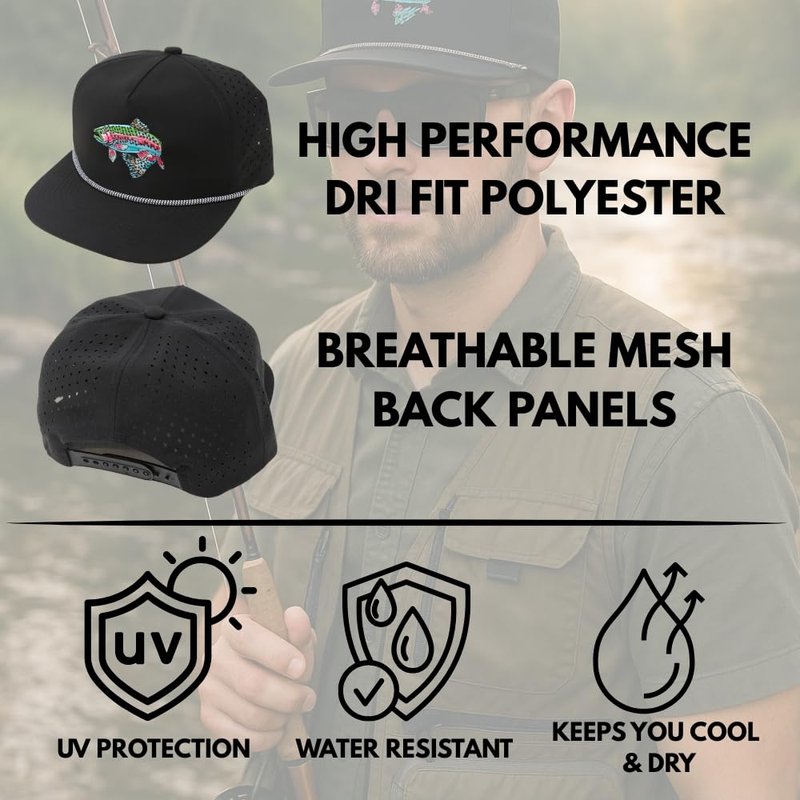 Gritty Bull Trout Hat for Men - Dri-Fit Snapback Fishing Cap with Embroidered Rainbow Trout - Adjustable and Breathable Outdoor Mesh Back Trucker Hat (US, Alpha, One Size, Black)