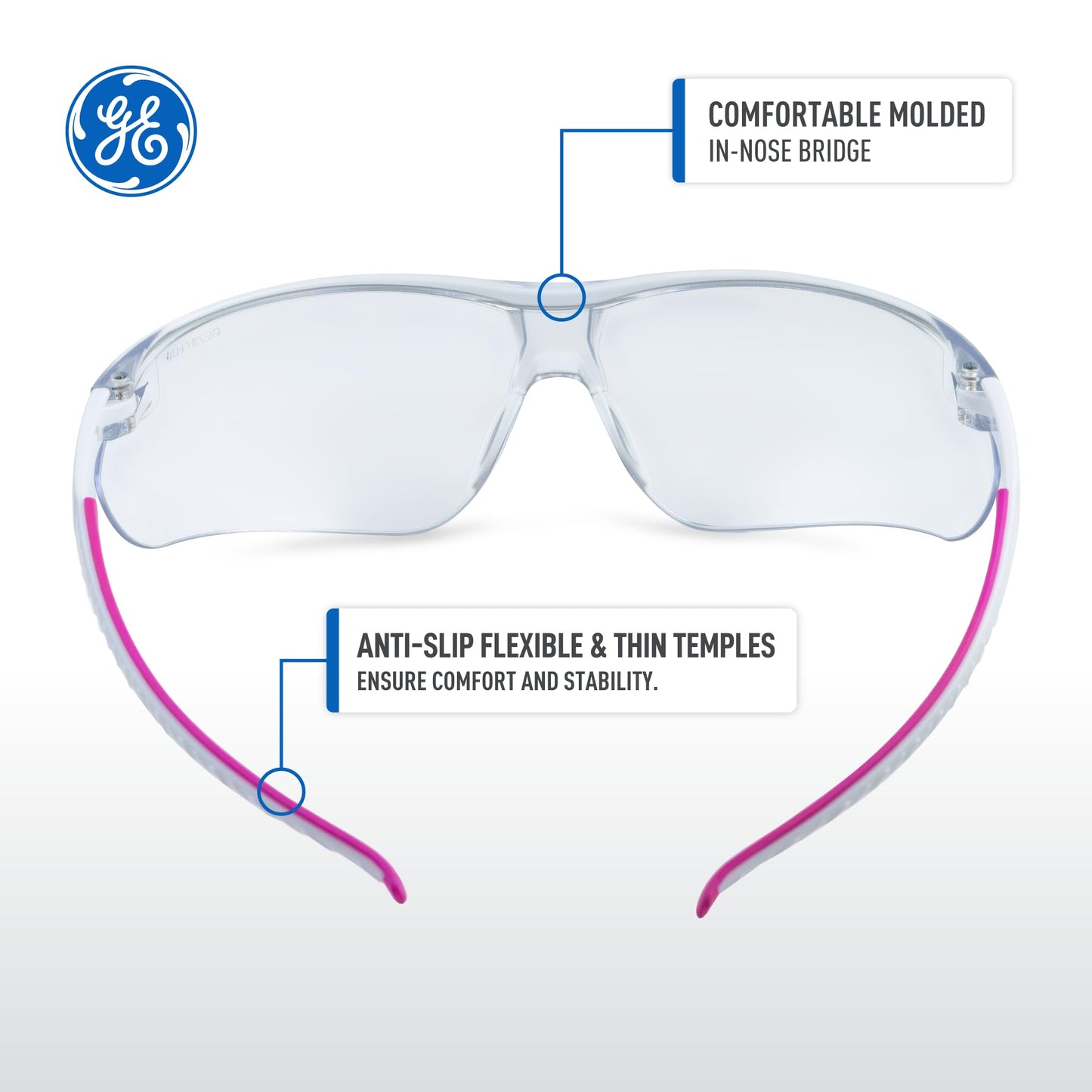 GE Safety Glasses - Scratch-Resistant Durability, Clear Protective Lenses, UV Shielding, Eye Protection, Outdoor, Indoor, Labs & Construction Safety Work Glasses for Men and Women - White/Pink