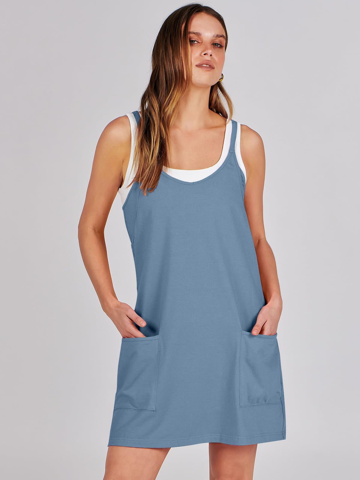 ANRABESS Women Athletic Dress Summer Tennis Workout Active Sports Mini Romper Dress Built in Shorts Travel Vacation Clothes Blue Small