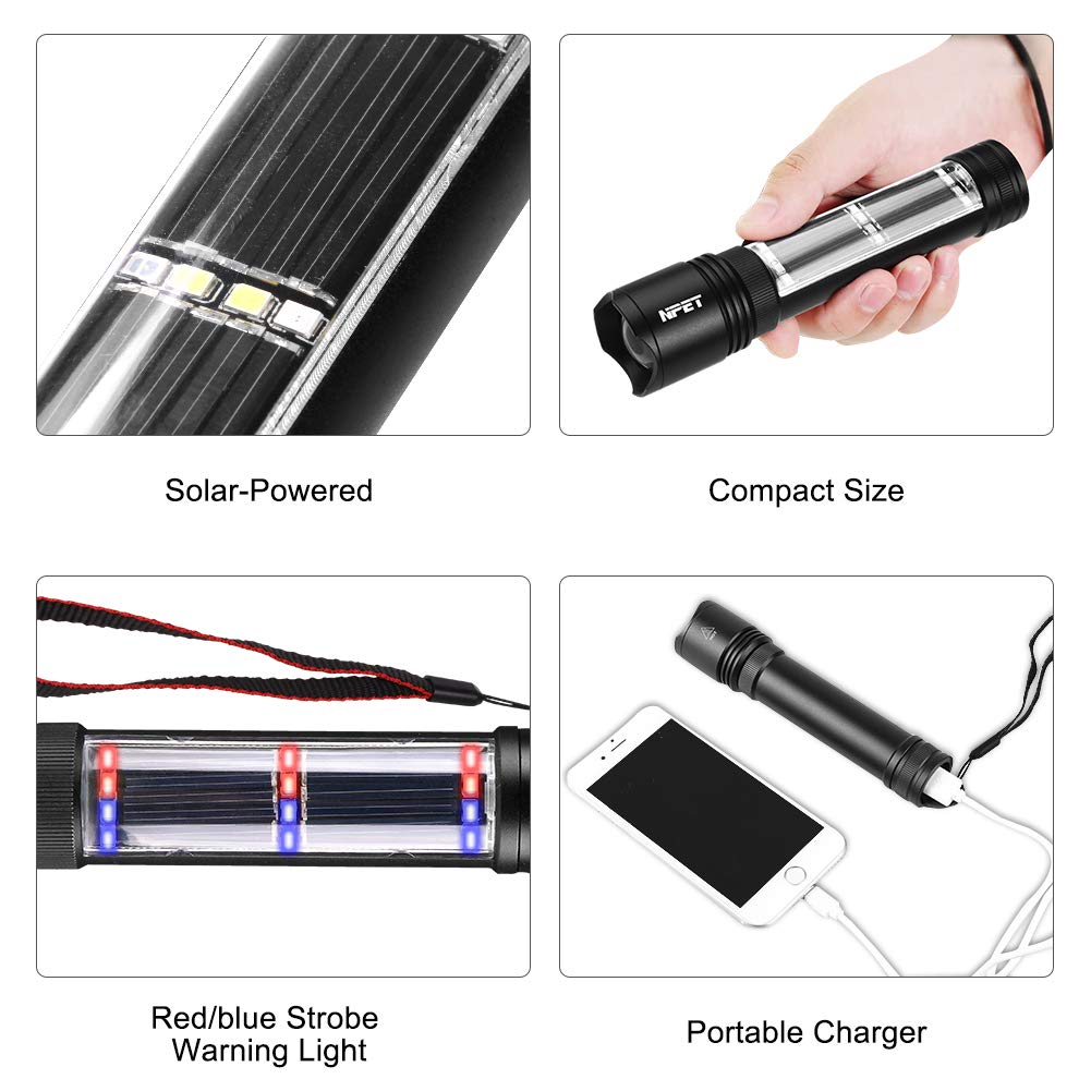 NPET T08-2 Solar Power Flashlight Car Flashlight USB Rechargeable Tactical Multi-Function Torch Emergency Tool