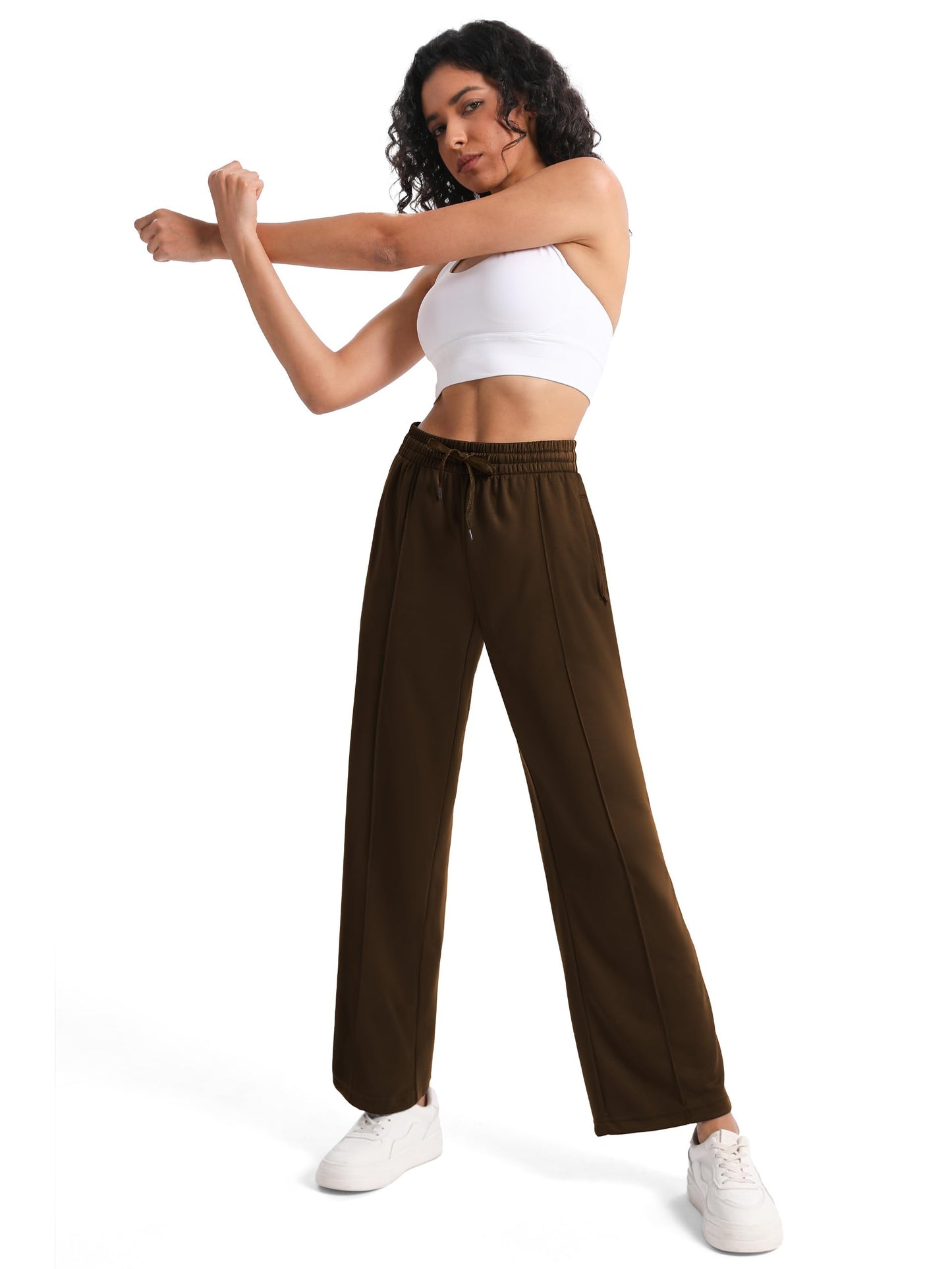 Tapata Long Womens 32" Inseam Track Pants Relaxed Fit Striped Workout Sweatpants Baggy Trousers with Zipper Pockets, Brown, L