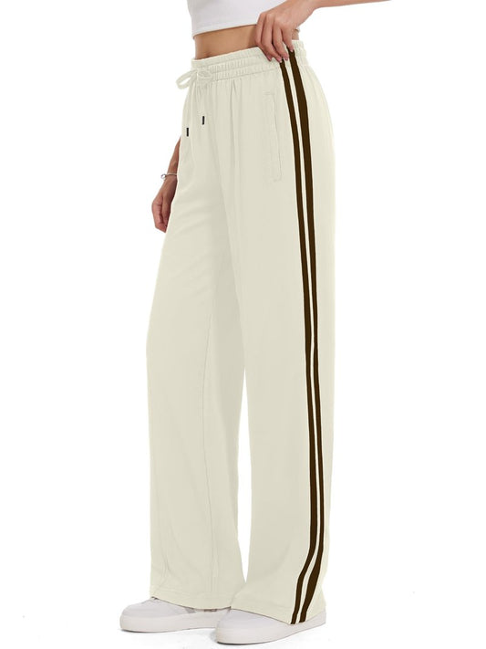 Tapata Long Women's 32" Inseam Casual Pants Track Athletic Sweatpants Warm Up Loose Side Stripe Street Slacks, Beige, XXL