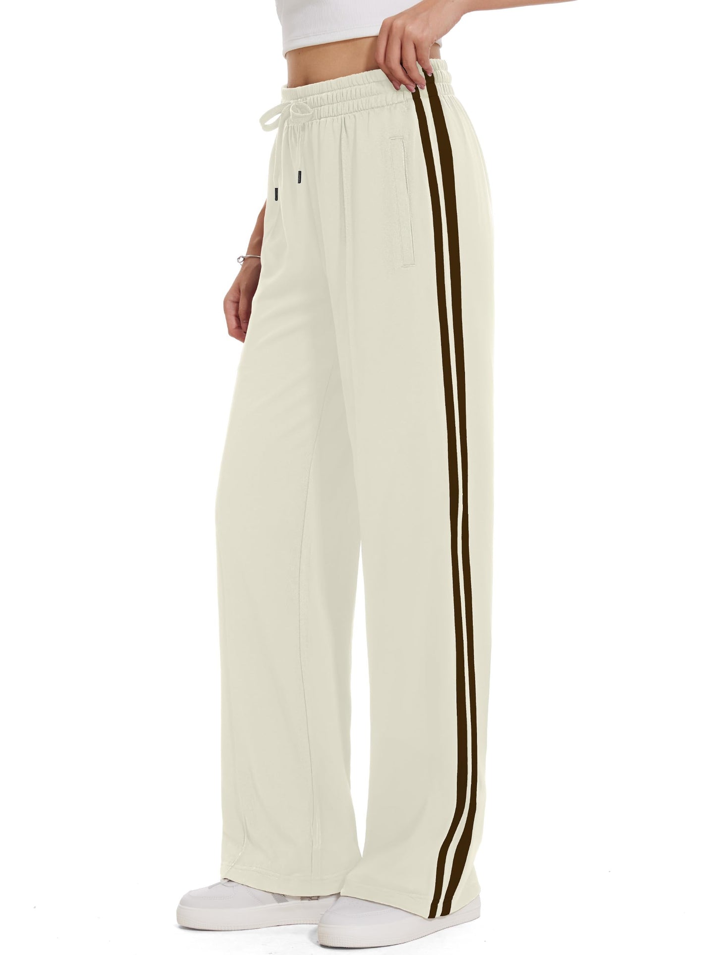 Tapata Long Women's 32" Inseam Casual Pants Track Athletic Sweatpants Warm Up Loose Side Stripe Street Slacks, Beige, S