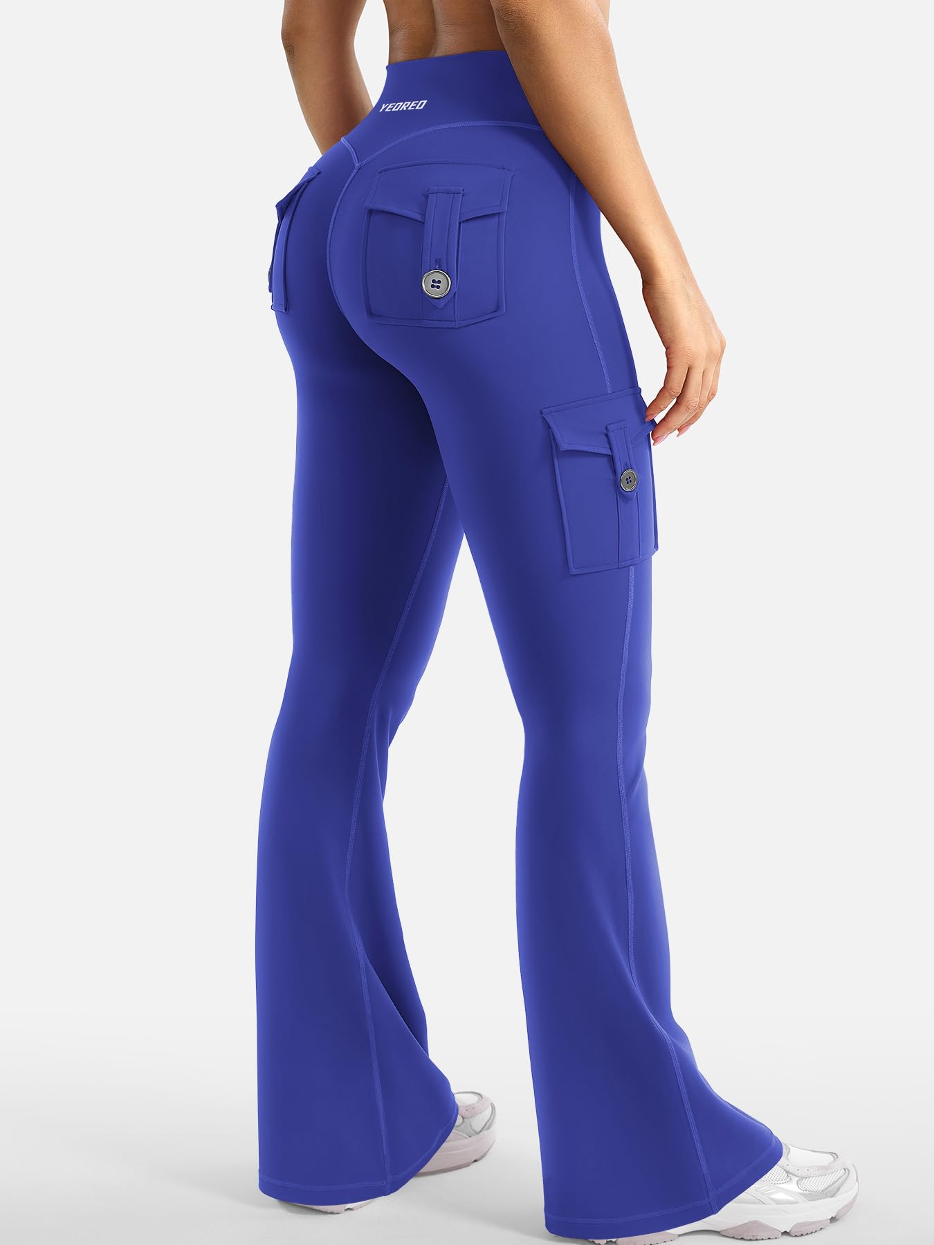 YEOREO CoreFlex Women Workout Flare Leggings with Pockets Hidden Scrunch Cargo Gym Yoga No Front Seam Leggings Dazzling Blue M