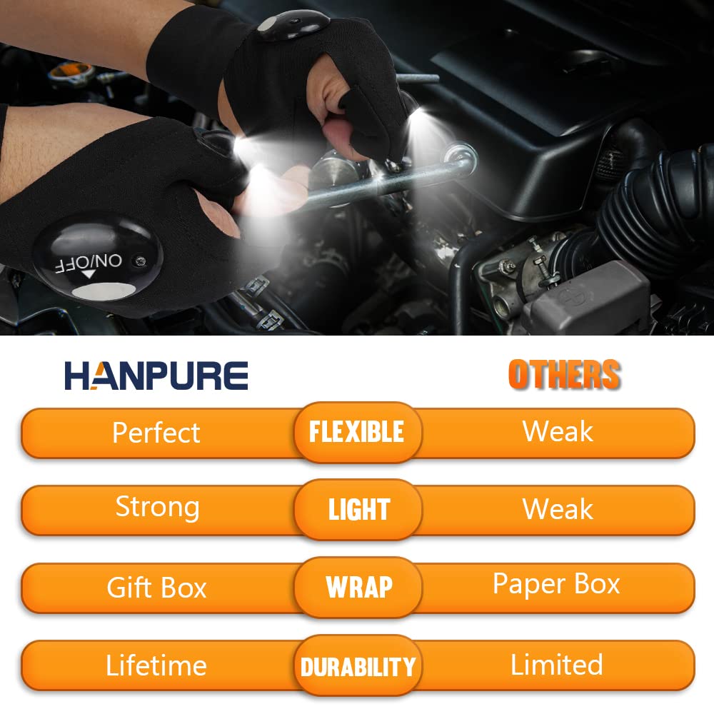 HANPURE Flashlight Gloves, Gifts for Fathers Day Dad Husband Birthday Present, Hands-Free Light for Car Repairing Fishing Camping, Cool Gadget Boyfriend Teen Boy Gift Idea Christmas Stocking Stuffers