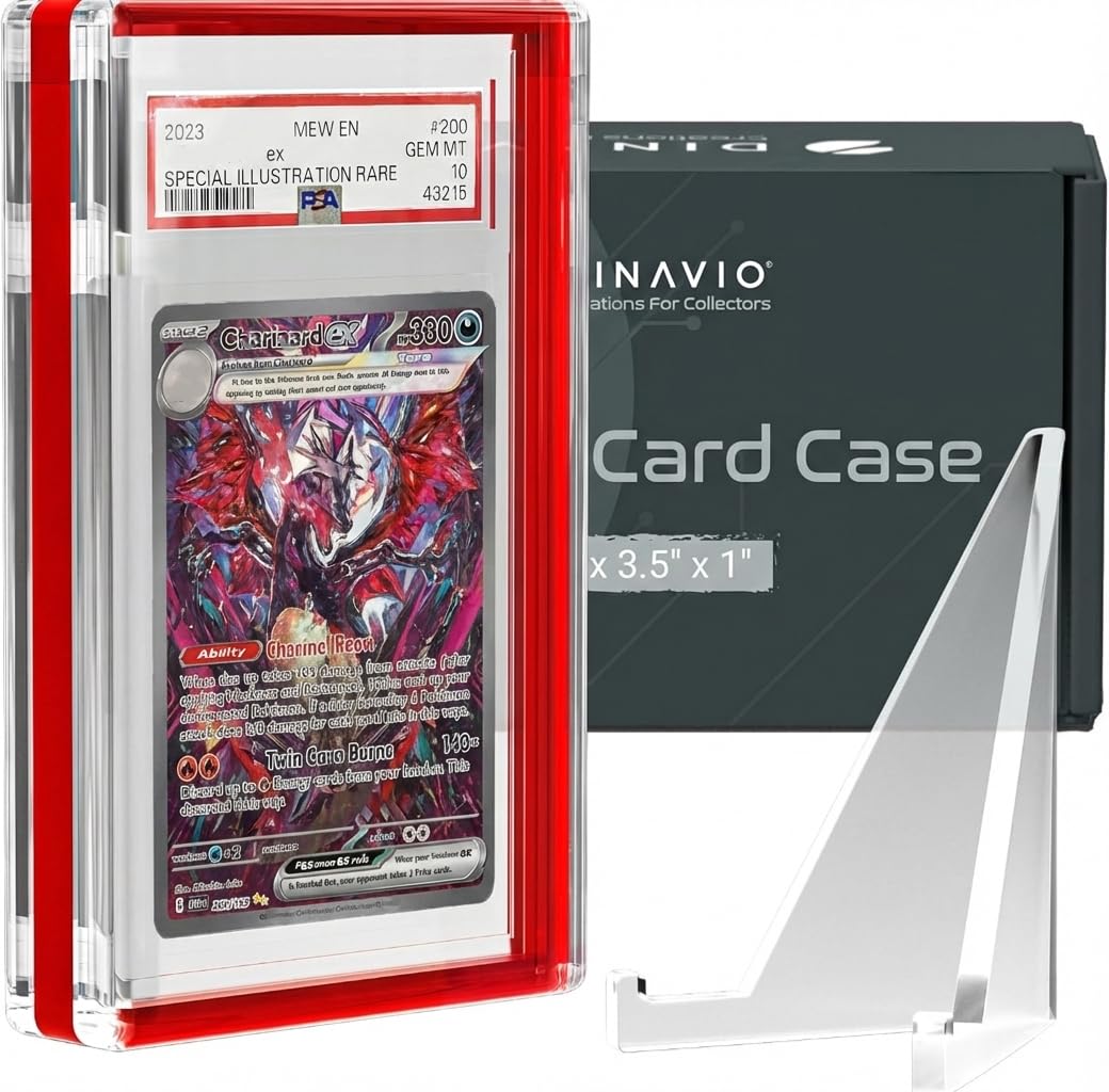 Dinavio Crafthouse PSA Graded Card Display Acrylic Case for Standard PSA and CGC Slabs - Slab Case - PSA Card Case - Graded Card Display Case - Updated Dimensions - Stand Included (Red Border)