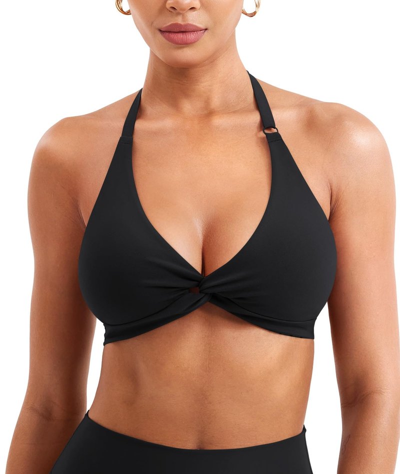 YEOREO Halter Sports Bras for Women Low Impact Removable Padded Adgustable Front Twist Deep V Bra Seamless Workout Gym Crop Tops Black M