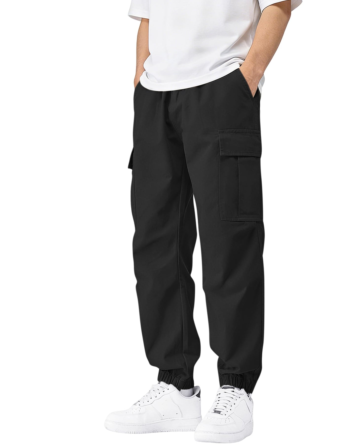 DOWMQ Mens Cargo Joggers Stretch Casual Sweatpants Elastic Waist Drawstring Tapered Pants for Men Hiking Pants with 5 Pockets Black, M