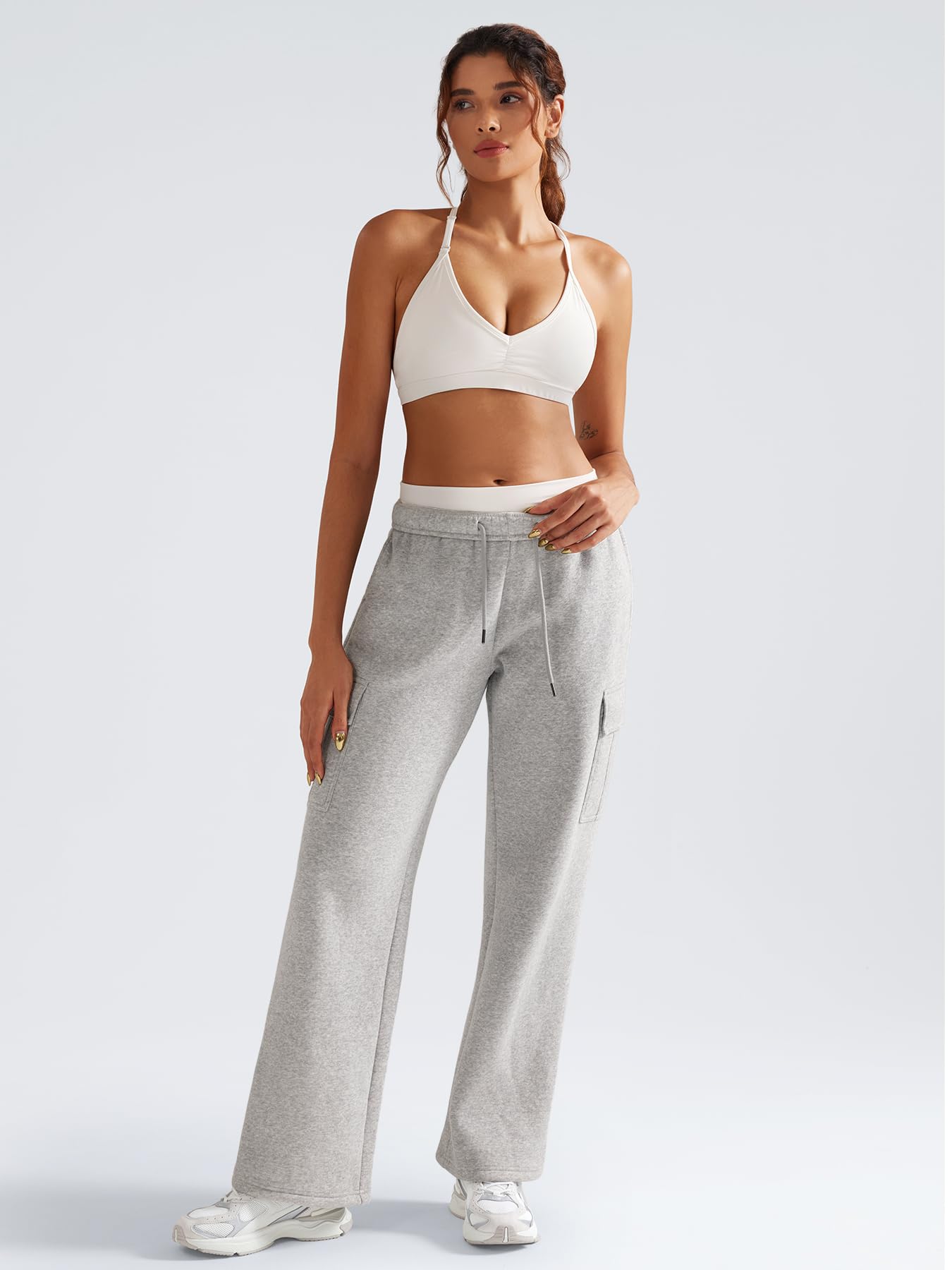 YEOREO Sweatpants Womens Cargo Pants Fleece Lined Wide Leg Joggers Baggy Drawstring Nairi Sweat Pants with Pockets Slate Gray M