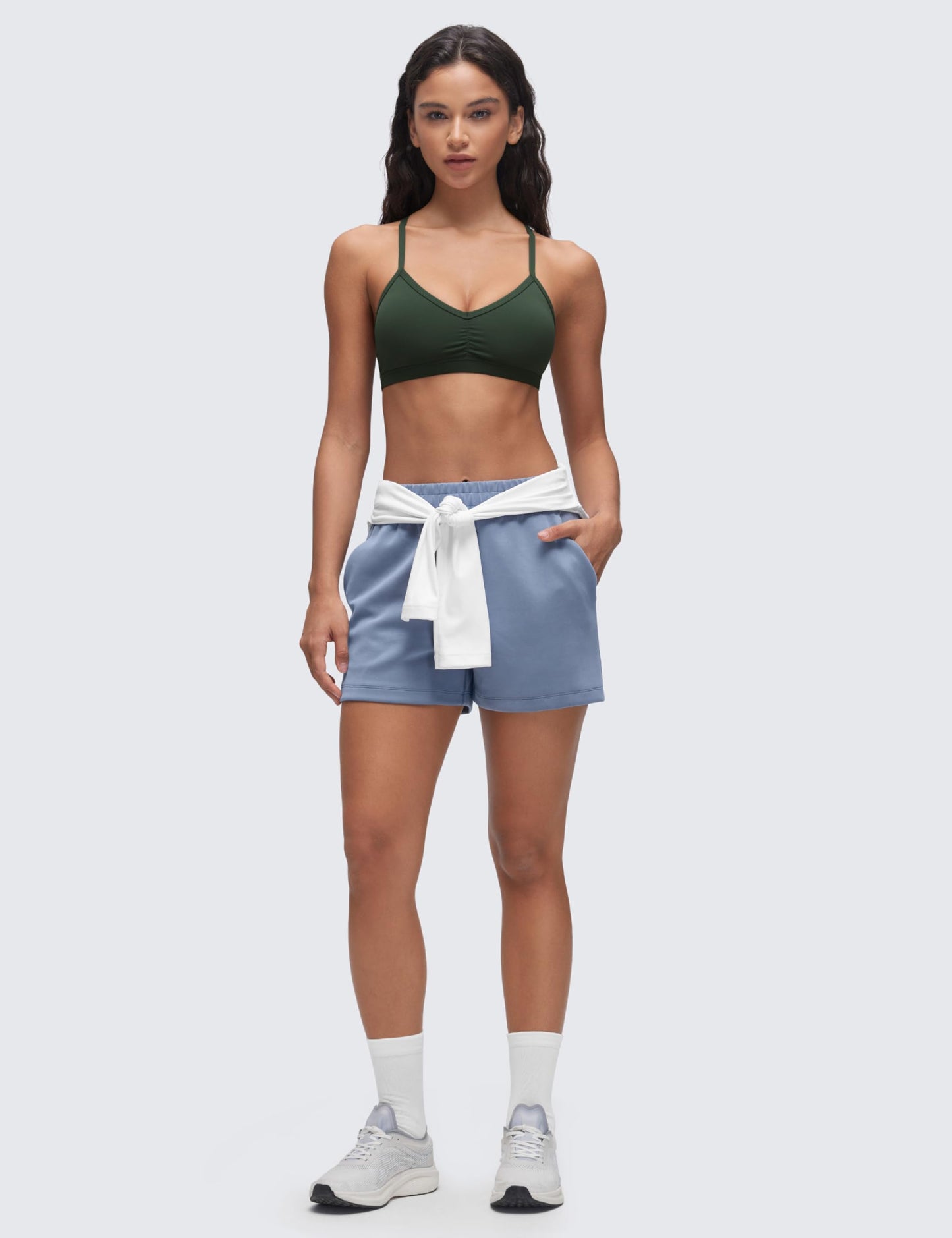 CRZ YOGA Butterluxe Ruched Sports Bras for Women - V Neck Spaghetti Thin Strap Y Back Wireless Padded Yoga Crop Top Legend Green Small