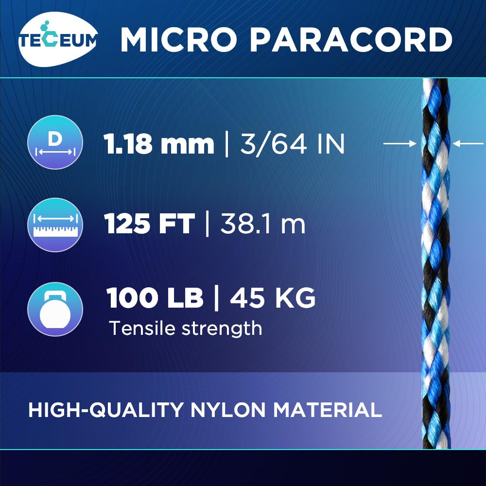 TECEUM Micro Paracord – Blue Snake – 1.18 mm x 125 ft – Micro Utility Cord – Thin Braided Paracord Rope Nylon Polyester – Wind Chime Replacement – Survival Strong String 6769с