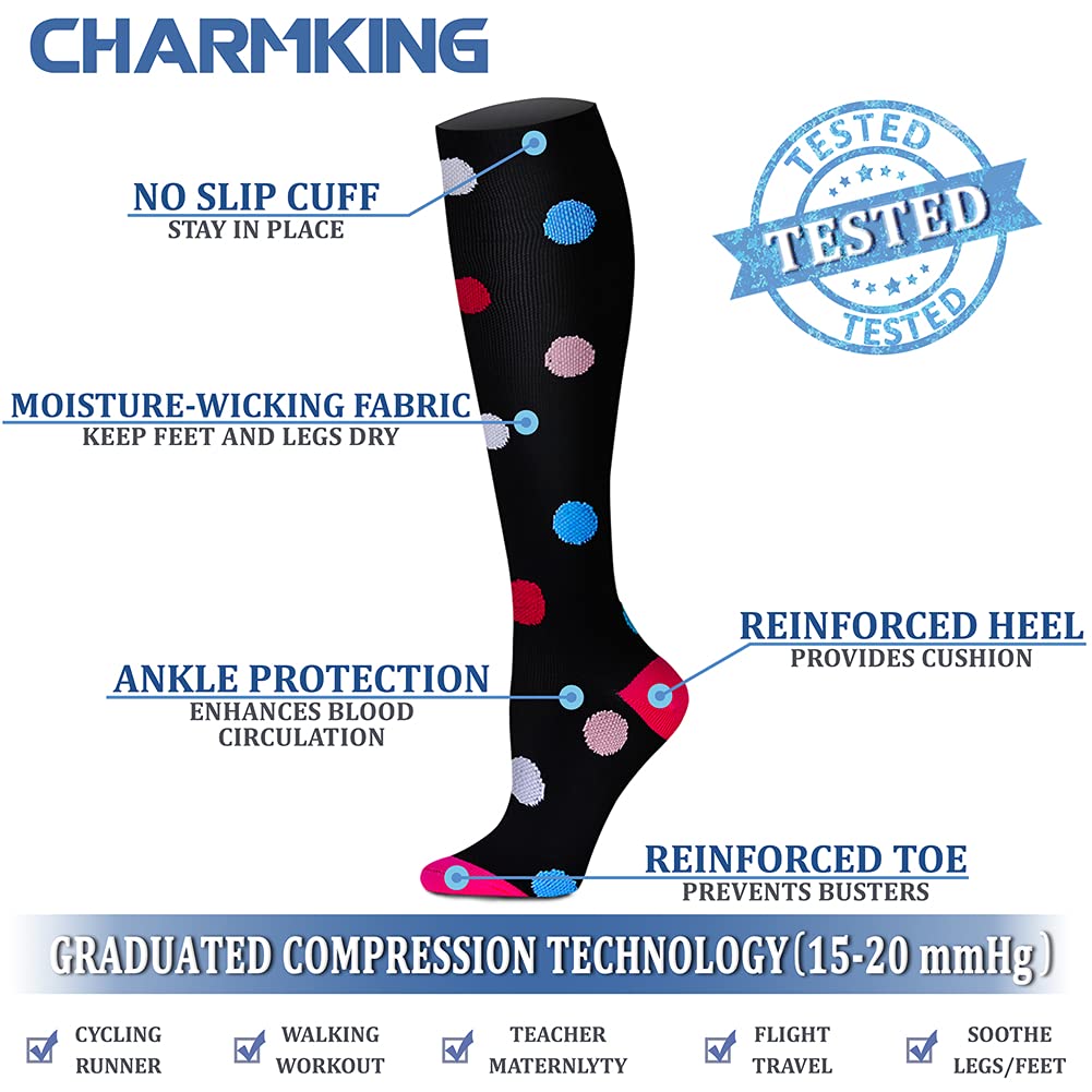CHARMKING Compression Socks for Women & Men (8 Pairs) 15-20 mmHg Graduated Copper Support Calf Socks are Best for Pregnant, Nurses - Boost Performance, Circulation, Knee High Wide Calf(L/XL, Multi 20)