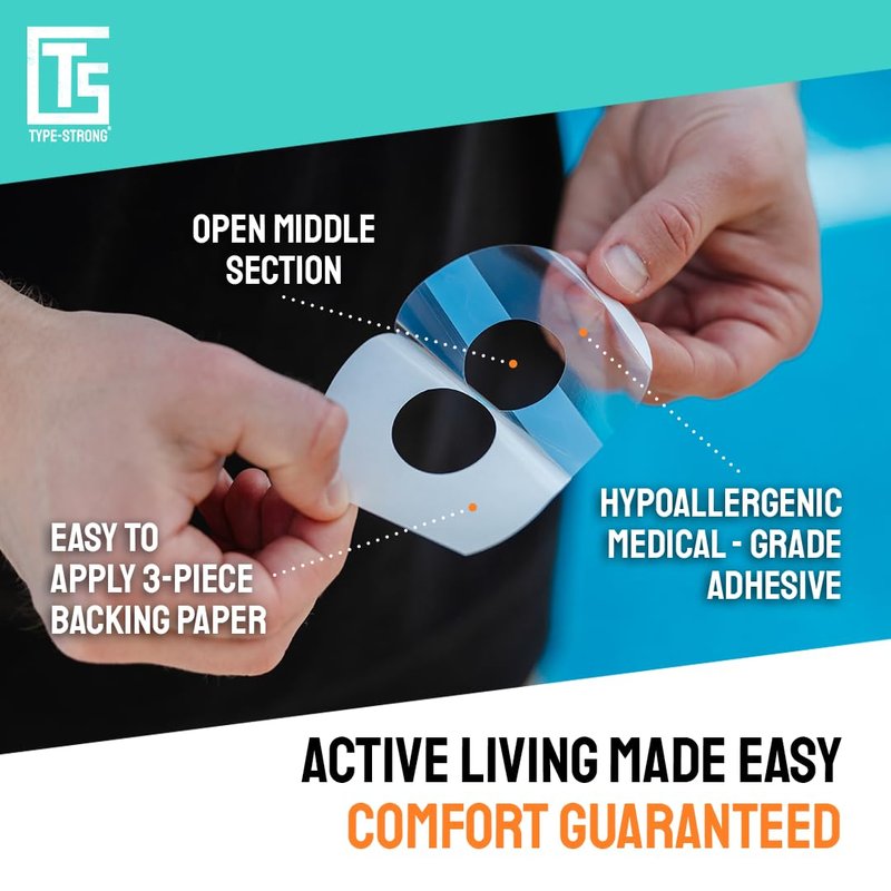 Type Strong Universal Adhesive Patches for CGM & Insulin Pumps with 25mm Hole for Sensitive Skin. Sweat-Proof & Waterproof Pre-Cut Adhesive Tape in Durable and Breathable Material, 20 Pack.