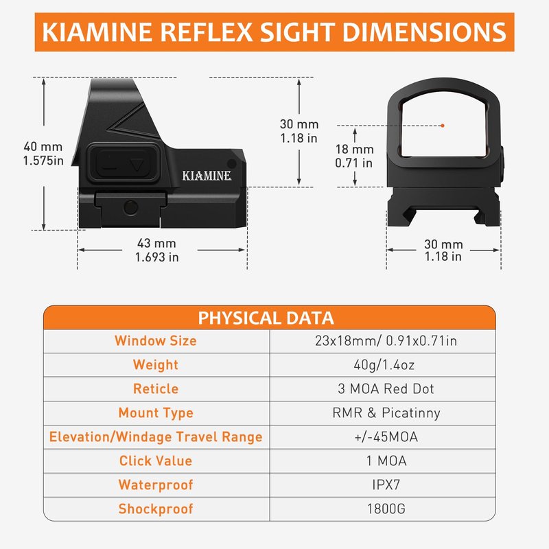 KIAMINE 3 MOA Red Dot Sight, RMR Footprint – Compatible with Holosun 407C / 507C Mounts, Shake Awake, for Glock MOS, Sig Sauer, 1911, and Picatinny Rifles