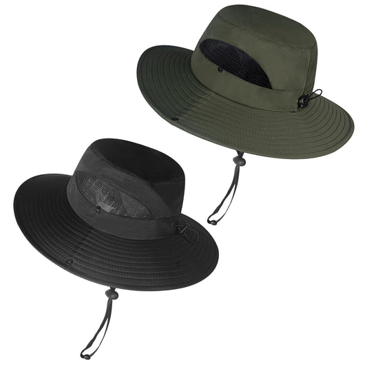 ZOORON Sun Hats for Men Women, Wide Brim Bucket Hats UV Protection UPF50+ Waterproof Boonie Hats for Fishing Hiking Camping (2pack-Black+Army Green)