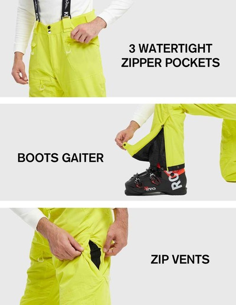 fit space Men's Ski Snow Pants Waterproof 15,000mm Removable Stretch Suspenders Insulated Winter Alpine Pants (Lemon,Large)