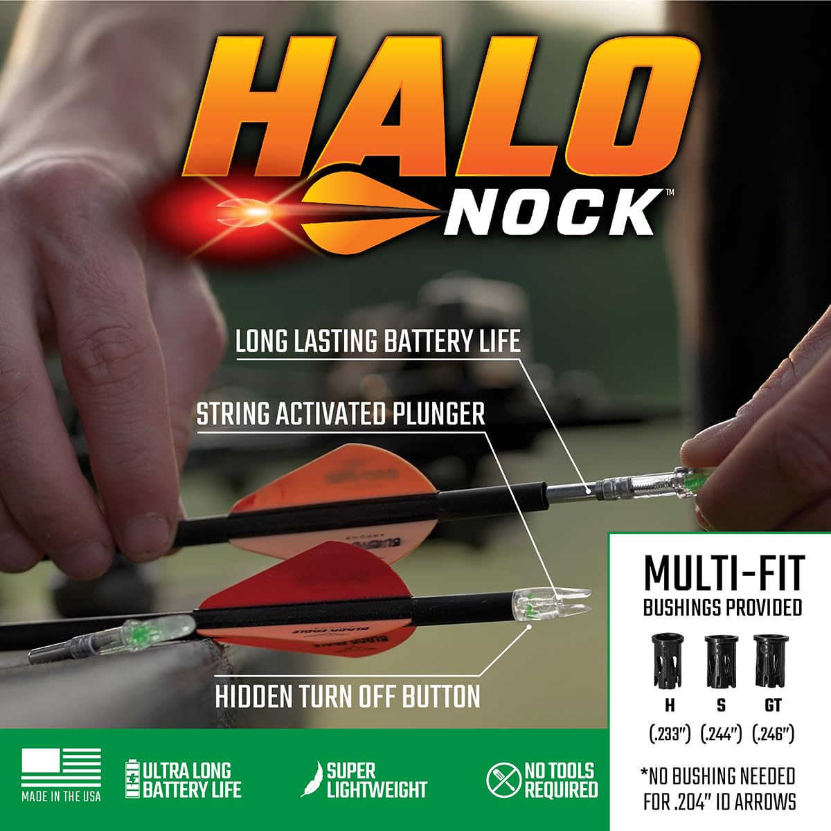 Halo Nock FIT Lighted Nocks for Archery & Bowhunting, Fits .204, 233, & .244-.246 Internal Diameter Arrows, Green, 3-Pack