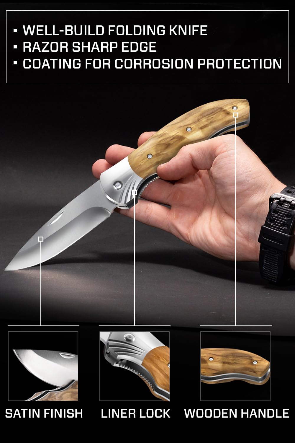 Gentleman’s Folding Knife Pocket Knife Knives Knife Wood Handle Sharp Blade - Pocket Knife for Men - Best Folder for Camping Hunting - EDC and Outdoor Gear - Birthday Christmas Gifts for Men 6651