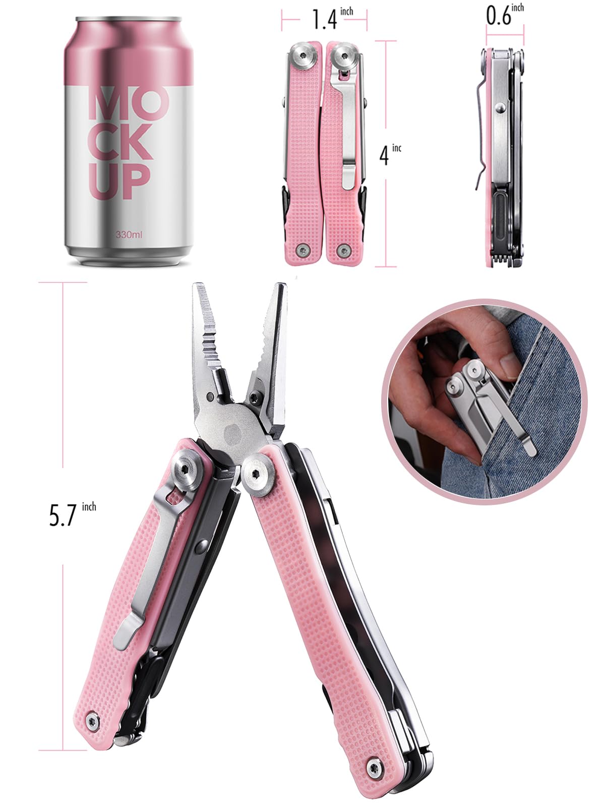 FantastiCAR 14 in 1 Multitool Pliers, Versatile Pocket Knife with Scissors, Knife Blade, Screwdriver, Bottle Opener, and Ideal for House or Camping Essentials, Holiday Gift Packaged (Pink)